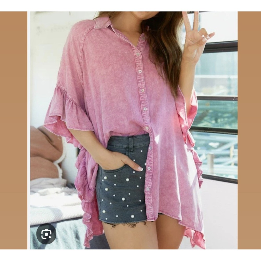 Fantastic Faws Oversized Womens Tunic Pink Orchid Acid Washed Ruffled Shirt.D191